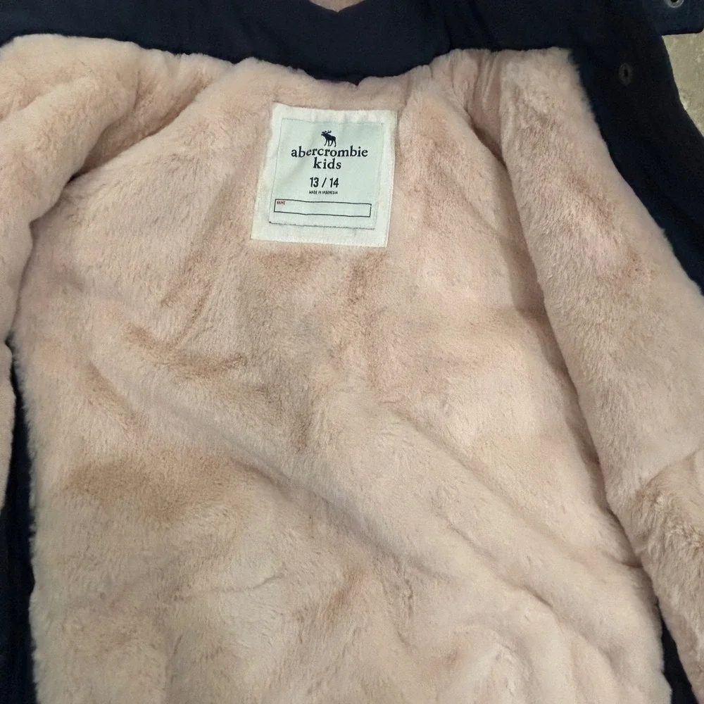 Abercrombie Kids‎ Girls Navy Blue Faux Fur Lined Parka Jacket Hooded 13/14